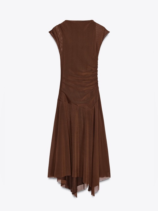Zara Dresses & Skirts - Zara Gathered Mesh Tulle Maxi Midi Dress Brown Size Medium